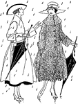 These two ladies are dressed in early 20th century coats. They are both wearing long rain coats, hats, and carrying umbrellas.