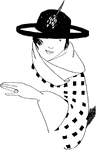 This is a drawing of a lady wearing a hat with a feather in the front. She is also wearing a jacket that has a square pattern.