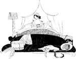 This is a drawing of a lady in bed. She is sitting upright in her bed, with hat boxes, a hat, and undergarments surrounding her at the foot of the bed.