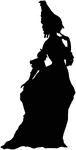This is a 17th century fashion silhouette. It shows a woman outlined in black wearing a 17th century dress with a tall hat.