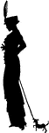 This is a 1912 fashion silhouette. It shows a women outlined in black,wearing a long dress, and a hat with a feather in the front. She is has a little dog on a leash.