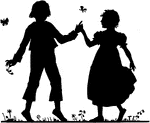 This is a silhouette of a boy and girl walking outside hand in hand. It is a black outline that was designed by children's book illustrator Kate Greenaway.
