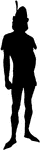 This 1350 Silhouette of man is a black outline that shows the fashion of men during that period. The man is wearing a short sleeve shirt, tight fitting pants, and a pointed hat with a feather.