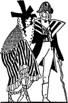 This is a drawing of a man and woman walking. The woman seems to be wearing a cape and a large hat. The man is wearing a waist coat and a hat.
