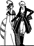 This is a man and woman standing. They seem to be dressed in 19th century fashion.
