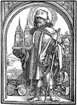This is a print drawing that was created by German printmaker Hans Sebald Beham in 1526. It seems to depict a Scholar or man of teaching, possible holding a small replica of a christian school.