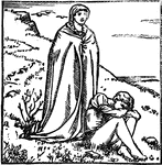This print is part of a series of woodcuts called Art in the House by English artist Robert Bateman in 1876. It seems to depict a woman in a cape standing behind a boy that is weeping. The woodcut is created by carving a wooden block to the desired design, and then rolling ink over the carved block for printing on paper.