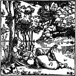 This is part of a series of woodcuts called Art in the House that was designed by English artist Robert Bateman in 1876. It seems to depict man serenading a woman by under a tree. The woodcut is created by carving a wooden block to the desired design, and then rolling ink over the carved block for printing on paper.