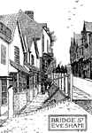 This is a pen drawing by artist Edmund New. It seems to illustrate people walking across a bridge in Evesham, England.