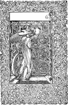This is a title page to the House of Joy by English playwright, writer, and illustrator Laurence Houseman in 1895. This drawing seems to depict a winged man approaching a woman from her window. Its border is a scrolling flower design all around.