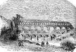 The Pont du Gard is an aqueduct and bridge that was built over the Gard River by the Roman Empire. It is located in Southern France, in the Vers-Pont-du-Gard and Remoulins area. The bridge is built on three levels. The lower level has 6 arches and carries a road, the middle level has 11 arches, and the upper level has 35 arches and was used as a water conduit.