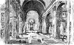 This is a drawing of the interior of the St. Peter's Basilica located in the Vatican city of Rome, Italy. The interior space of the church was designed by Giovanni Paolo Panini an Italian painter and architect. The interior space is the largest interior of any Christian church in the world.