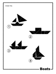 Solutions for silhouette outlines of boats (sailboat, ship, yacht) made from tangram pieces. Tangrams, invented by the Chinese, are used to develop geometric thinking and spatial sense. 7 figures consisting of triangles, squares, and parallelograms are used to construct the given shapes.