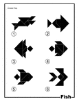 Solutions for silhouette outlines of fish (shark, parrot fish, angelfish, flounder, hogfish, beta) made from tangram pieces. Tangrams, invented by the Chinese, are used to develop geometric thinking and spatial sense. 7 figures consisting of triangles, squares, and parallelograms are used to construct the given shapes.
