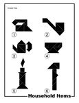 Solutions for silhouette outlines of household items (iron, pipe, kettle, cup, candle, hammer) made from tangram pieces. Tangrams, invented by the Chinese, are used to develop geometric thinking and spatial sense. 7 figures consisting of triangles, squares, and parallelograms are used to construct the given shapes.
