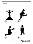 Solutions for silhouette outlines of people (woman standing, water skier, woman kneeling, man walking) made from tangram pieces. Tangrams, invented by the Chinese, are used to develop geometric thinking and spatial sense. 7 figures consisting of triangles, squares, and parallelograms are used to construct the given shapes.