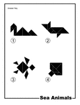 Solutions for silhouette outlines of sea animals (sea monster, dolphin, sea turtle, stingray) made from tangram pieces. Tangrams, invented by the Chinese, are used to develop geometric thinking and spatial sense. 7 figures consisting of triangles, squares, and parallelograms are used to construct the given shapes.