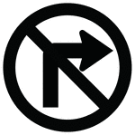 This sign indicates that turning right is prohibited. The "No Right Turn" sign should be placed either over the roadway or at a right corner of the intersection.