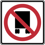 "The National Network Prohibition sign may be used to identify routes, portions of routes, and ramps where trucks are prohibited. The sign may also be used to mark the ends of designated routes."-Federal Highway Administration, 2007