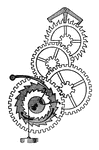 A clock is run by wheels. Each wheel turns another to keep the clock running.