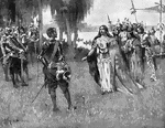 On the 1st of May the Indian Queen crossed the river in a canoe. She presented De Soto with skins, shawls, and a pearl necklace with knowledge of where to find more pears. This generosity did not save her from being taken prisoner.