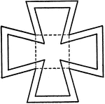 "Draw three-inch square and one-inch square. From the corners of inner square draw lines to outer square at 15 degrees and 75 degrees, with the two triangles in combination. Mark points with spacers 3/16" inside of each line of this outside cross, and complete figure with triangles in combination." &mdash;French, 1911