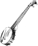 This banjo has a rim with straining wires stretched across the head, held together by three adjustable screw pins. The end of the instrument has tuning pegs which are located at the end of the neck shaped after an oblique shape. The banjo shown is an instrument of the guitar family that has a long neck and circular body.
