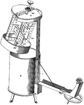 The butter churn is a device used to convert cream into butter. This is done through a mechanical process, frequently via a pole inserted through the lid of the churn, or via a crank used to turn a rotating device inside the churn. The agitation of the cream, caused by the mechanical motion of the device, disrupts the milk fat.