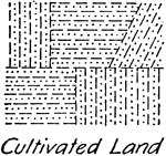 A drafting topography vegetation symbol for cultivated land.