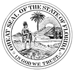 The former Great Seal of Florida, featuring an indian, palm tree, the sun, and some uncharacteristic mountains.