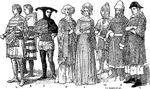 An illustration of typical English fashion during the fourteenth century. The illustration are, from left to right, two heralds, Morris dancer, two ladies—in&mdah;waiting, and two travelers from Strutt.