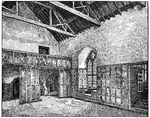 "The Banqueting Hall at Haddon is a good type of the baronial halls in this century. The minstrels' gallery, at the end opposite the da&iuml;s, is usually a feature; under the passage called the Screens, leading from the outer to the inner courtyard and giving access to the kitchen, pantry, and gallery." &mdash;Bargield, 1914