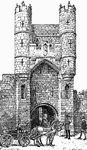 An illustration of a city gate in York during the fourteenth century illustrating Gothic architecture. The city gate was used to control access and exit of the city during the middle ages.