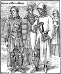 An illustration of a knight and three men at arms wearing iron armors during the fourteenth century.
