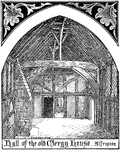 An illustration of the hall in Alfriston Clergy House. The hall illustrates typical architectural support of the house typical during the fourteenth century.