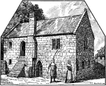 An outside view of a fisherman's cottage in Somersetshire illustrating common architectural features during the fourteenth century. The two story cottage is about 32 feet long by 16 feet wide, where the ground floor is divided into three rooms.
