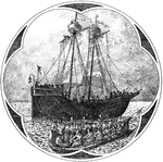 A fourteenth century war vessel with two masts and barge used to transport soldiers. Most fourteenth century ships were made with one masts with the rudder no longer than the side of the ship.