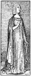 A church monument of a woman in Wantage during the fourteenth century. She is wearing a dress, cape, and a hair dress common during the period.