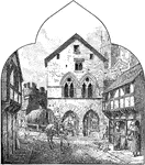An illustration a typical street during the fourteenth century. The house in the back have Gothic tracery in the windows and arched doors common during the period. On the left side, the horses are carrying a horse litter for transporting goods.