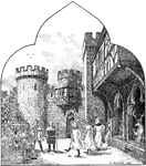 An illustration of mumming, or masquerading, in Windsor Castle Garden during the fourteenth century. The garden is enclosed in a fence and flowers planted around the garden.