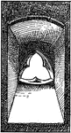 A fourteenth century spherical triangle viewed inside a church. The window is indented with a bottom part sloped to let sun light in.