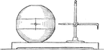 The illustration showing the centrifugal governor metal ball removed from the lathe to draw 180 degree lines. These lines are used to guide the machinists to create the balls in a lathe.