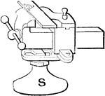 A convenient bench vise used to hold a plate or an object in place while working, attached to a table or work bench. The object being work on is put in place by adjusting the hand screw.