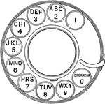 An illustration of the rotary dial on phones. Each hole corresponds to the number shown. To dial the number, the person will insert the finger into the phone and turn the dial until the finger hits the metal stop.