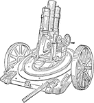 A light minenwerfer with 7.6 cm caliber designed by German during World War I. The series of gears adjusts the angle of the barrel by turning the hand crank.