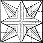 An illustration of drawing an eight point star using a series of pentagons to create a star. The paper is divided into a squares to use as a guide for drawing pentagons.