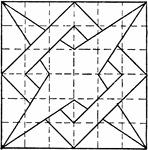 A problem exercise to construct a star overlapping square using a triangle and T square. The image is drawn by dividing the paper with dashed lines using T square. Using the 45 degree triangle, draw diagonal lines to create the star and the star.