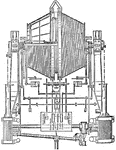 A plan of direct acting hoisting machine for mining industry. The machine is operated by compound Corliss steam engines. The shaft turns the two conical drums to lower or raise the cable.