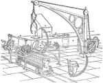 A furnace apparatus for minting. The metal is first melted in the crucible in flue A. The pulley W is used to pull out the crucible from the flue. The melted metal is transferred to the moulding apparatus, where it gets poured into mouldings by hand.