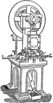 A cutting machine for minting coins. The machine uses two short steel cylinders to cut the flat sheet metals. These coins falls through tube G into a bin.